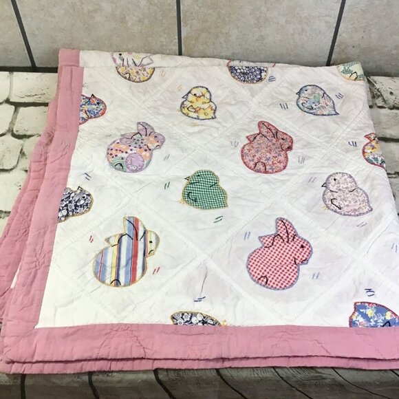 Handmade Quilt Pink Nursery Ducks Bunny Rabbit Print 42” x 42” Square - Picture 3 of 10
